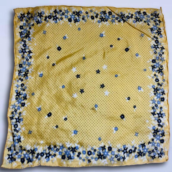 Yellow Silk Square Scarf Blue Floral Polka Dot Print | 20"x19" - Picture 2 of 6